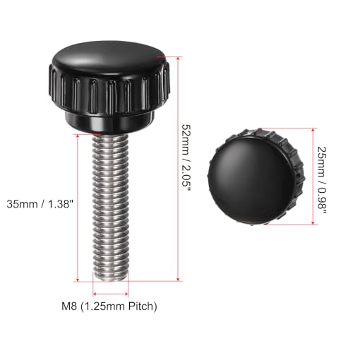 4pcs Knurled Clamping Knobs M8 x 35mm Metric 304 Stainless Steel Male Thread Thumb Screw on Type 25mm Plastic Round Head Threaded Hand Bolt Stud Knobs Black