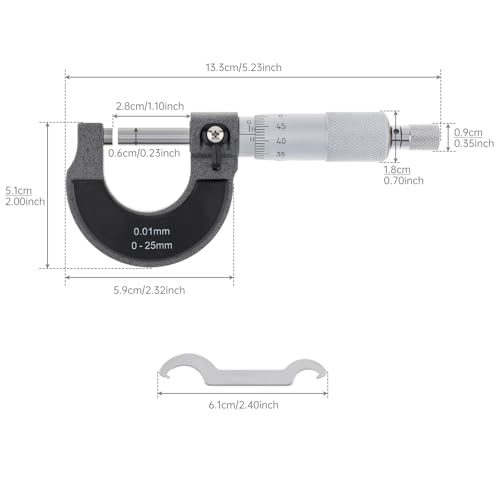 Outside Micrometer, Ratchet Stop, 0-25mm Range, 0.01mm Graduation, +/-0.004mm Accuracy, Precision Machinist Tool