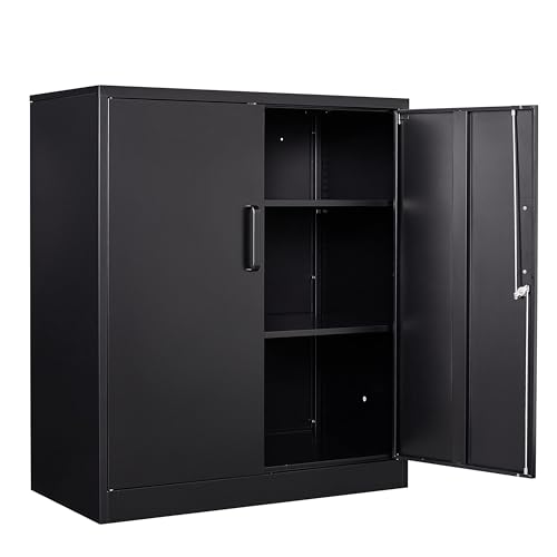 36" H Metal Garage Cabinet, 2 Doors Storage Cabinets, Steel Utility Tool Caninet, Short Locking Caninets with Adjustable Shelves, Black Lockable File Cabnet Cupboard for Home/Office/School/Shop - color: Black, size: 36"H x 32"W x 16"D