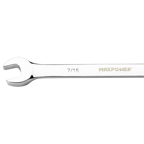 MAXPOWER 7/16" Combination Wrench, Professional Open & Box End, Mirror Polished Finish, Forged Heat-Treated Cr-V Steel, 12-Point Design - size: 7/16 Inch
