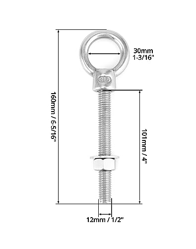 QWORK 316 Stainless Steel Machinery Eye Bolt with Shoulder, 5 Pack 1/2"x4" Long Stainless Steel Marine Grade Shoulder Eye Bolt, Threaded Eyebolts