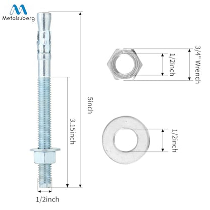 1/2"x5"Wedge Anchors by Zinced of Heavy-Duty Fastener for Cement and Concrete (8pcs Pack) - size: 1/2"x 5"