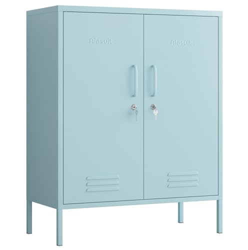 Blue 2-Door Lockable Metal Storage Cabinet, Heavy Duty 3-Tier Tall Locker with Removable Shelves, Multifunctional Accent Cabinet for Home, Office, Entryway & Hallway, Easy Assembly - color: Ocean