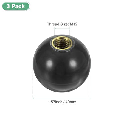 M METERXITY 3-Pack Threaded Ball Knobs, M12 Female Thread 40mm Dia. Thermoset Ball Knob for Lathe/Machine/Lawn Mowers, Round Phenolic Brass Insert Lever Handle [Black] - color: Black, size: M12x40mm