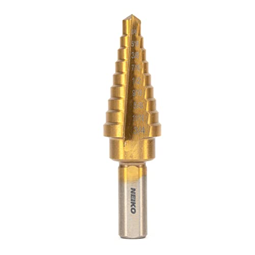 NEIKO 10184A Step Drill Bit, 9 Steps 1/4” to 3/4” Straight High Speed Steel, Titanium Nitride Coated, 3/8” Tri Flat Step Bits for Steel, Metal, Wood, Plastic, Unibit Cone Drill Bits, Two Flute - size: #3 (1/4 - 3/4", 9S), style: Straight