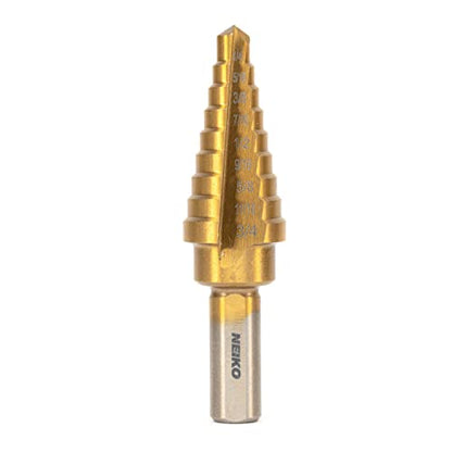 NEIKO 10184A Step Drill Bit, 9 Steps 1/4” to 3/4” Straight High Speed Steel, Titanium Nitride Coated, 3/8” Tri Flat Step Bits for Steel, Metal, Wood, Plastic, Unibit Cone Drill Bits, Two Flute - size: #3 (1/4 - 3/4", 9S), style: Straight