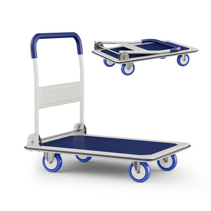 Foldable Push Cart Dolly | 330 lbs. Capacity | Heavy Duty Moving Platform Hand Truck with Swivel Wheels | Small Flatbed Cart | Space Saving Push Handle-b3 - color: Bluee-330 Lbs. Capacity