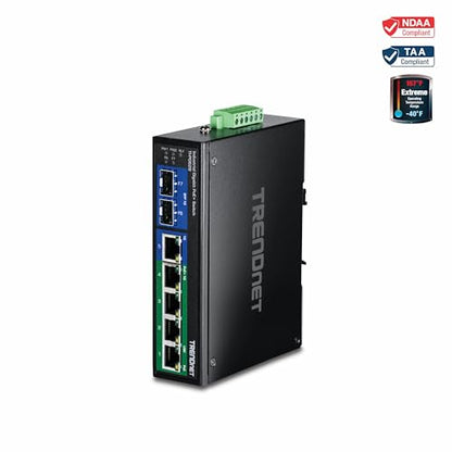 TRENDnet 7-Port Industrial Gigabit PoE+ DIN-Rail Switch, TI-PG62B - style: 6 port PoE Switch w/ Boost Voltage