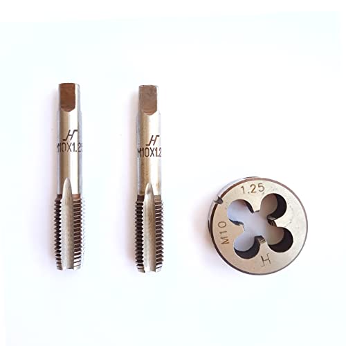 AtticZone M10 x 1.25 Metric Hand Thread Tap and Die Set, Right Hand 10 * 1.25, Alloy Tool Steel, 1 Taper Tap, 1 Plug Tap, 1 Round Die for Metal Working DIY Industrial - size: M10x1.25