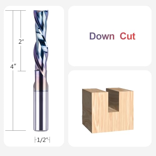SpeTool Down Cut Spiral Router Bit 1/2" Shank Extra Long 4 inch with Coating Extreme Tool Life, 2” Cutting Length, Carbide CNC Router Bits End Mill for Wood Mortises Carving Engraving - size: 1/2" Dia - 2" CL -1/2" Shank, style: DOWN CUT