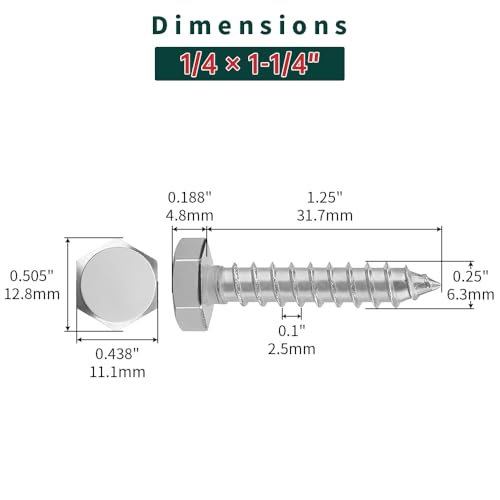 1/4 x 1-1/4" Hex Head Lag Screws Bolts with Flat Washers (20 Sets), 304 Stainless Steel 18/8, Full Thread, Deck Screws, Heavy Duty Hex Head Wood Lag Screws, Fayeploo - size: 1/4 x 1-1/4"
