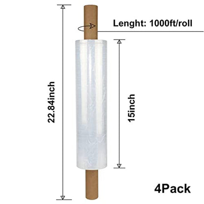 BOMEI PACK Stretch Film Wrap - Industrial Clear Plastic Stretch Wrap 1000 Feet 80 Gauge 4 Packs with Handle, Pallet Wrap for Packing, Moving Supplies, Packing Wrap Plastic Roll 15 Inches