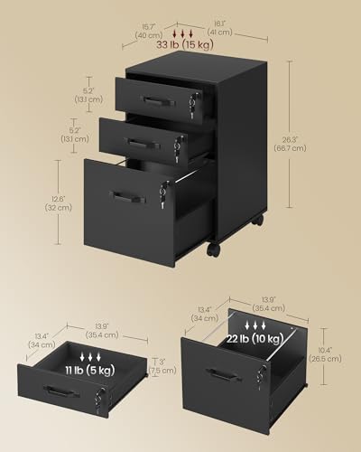 VASAGLE 3-Drawer Mobile File Cabinet, Home Office, Locking, Printer Stand - color: Ink Black, size: 3 Drawers with Lock