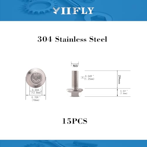 M8x1.25 x 20mm Flanged Hex Head Bolts, 304 Stainless Steel (A2-70), Bright Finish, Fully Threaded, Hexagon Head Flange Bolts, Quantity 15 - size: 20mm(15PCS)