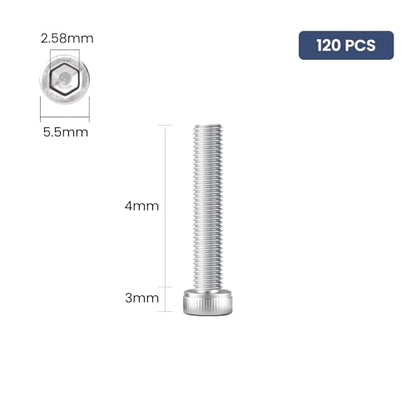 120pcs M3 x 4mm Hex Socket Head Cap Screws Bolts, 304 Stainless Steel 18-8, Allen Socket Drive,Bright Finish, Full Threads,with Hex Spanner - size: M3 x 4mm