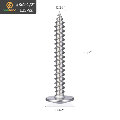 VGBUY 125Pcs #8x1-1/2 Wood Screws Phillips Modified Truss Head Stainless Steel 410 Quick Metal Self Tapping Screws - color: Silver, size: #8 x 1-1/2 inch