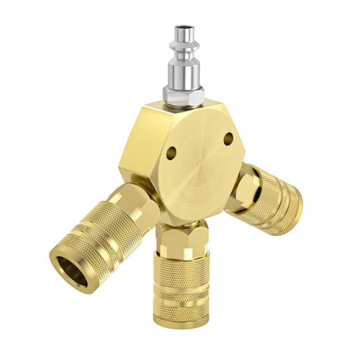 GASHER 1/4" basic body size Aluminum Hex Style 3-Way Air Manifold with 3 Pieces Steel Industrial Coupler and Plug, Air Compressor manifold Hose Accessories Quick Connect Fittings Air Splitter(1-Pack) - style: YELLOW 1PCS