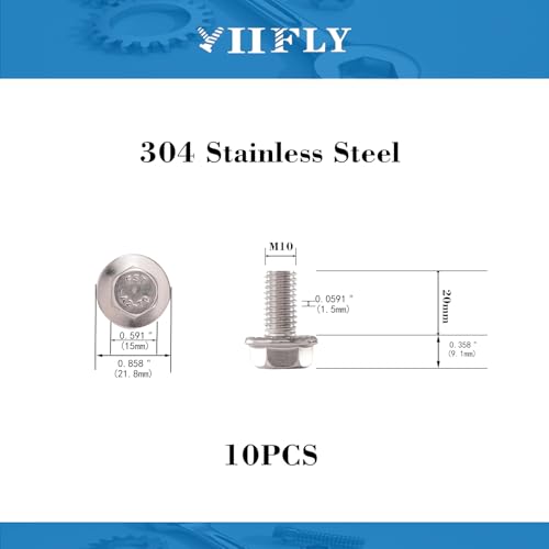 M10x1.5 x 20mm Flanged Hex Head Bolts, 304 Stainless Steel (A2-70), Bright Finish, Fully Threaded, Hexagon Head Flange Bolts, Quantity 10 - size: M10 x 20mm(10PCS)