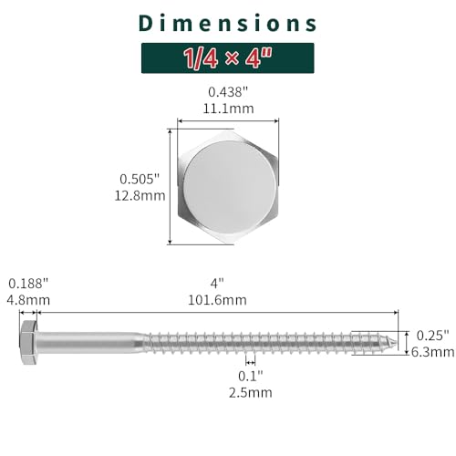1/4 x 4 Hex Head Lag Screws Bolts with Flat Washers (10 Sets), 304 Stainless Steel 18/8, Partial Thread, Deck Screws, Heavy Duty Hex Head Wood Lag Screws, Fayeploo - size: 1/4 x 4"