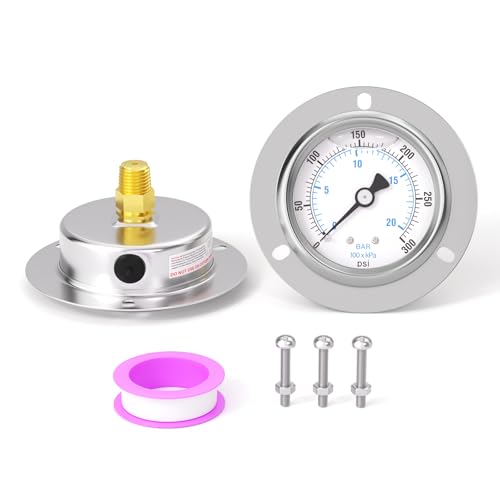 0-300PSI Panel Mount Front Flanged Glycerin Filled Pressure Gauge, 2.5" Dial Size, 1/4" MNPT Back Mount, Stainless Steel Case, with Phillips Screw and Nut, for Water, Gas, Liquid Pressure - color: Liquid Filled - Stainless Steel Case, size: 0-300PSI