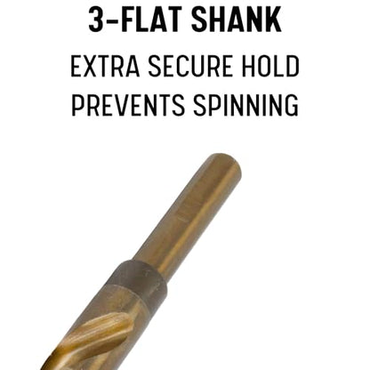 Drill America 1-1/8" Cobalt Stepped Drill Bit with 1/2" Reduced 3-Flat Shank, Gold Oxide Finish for Drilling Acrylic, Steel, Hard Metals, GSC Series - size: 1-1/8"