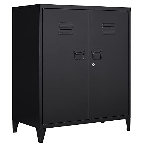 Metal Storage Cabinet with Lock, Locking Cabinets with 2 Doors and Shelves, Lockable Steel Locker Cupboard, Small Sideboard Buffet Cabinet for Home Office - color: Black, size: 40"H