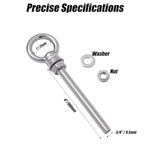 Heavy Duty 316 Stainless Steel Shoulder Eye Bolts 4 Pack, Marine Grade Threaded Eyebolts with Nuts and Washers for Lifting and Hanging (3/8“ x 4" (M10X100mm)) - size: 3/8“ x 4" (M10X100mm)
