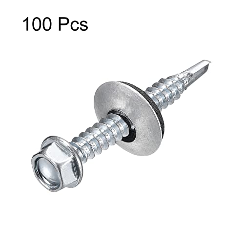 uxcell #12 x 1-1/2" Self Drilling Screws with Rubber Washer, 100pcs Zinc Plated Steel Roofing Screws Hex Head Self Tapping Screws with EPDM Washer for Metal to Metal - size: #12 x 1-1/2"
