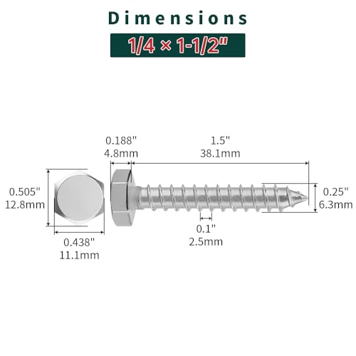 1/4 x 1-1/2" Hex Head Lag Screws Bolts with Flat Washers (20 Sets), 304 Stainless Steel 18/8, Full Thread, Deck Screws, Heavy Duty Hex Head Wood Lag Screws, Fayeploo - size: 1/4 x 1-1/2"