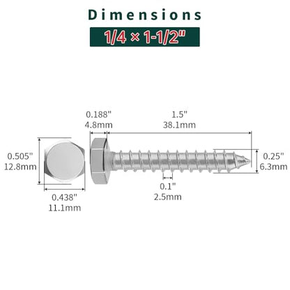 1/4 x 1-1/2" Hex Head Lag Screws Bolts with Flat Washers (20 Sets), 304 Stainless Steel 18/8, Full Thread, Deck Screws, Heavy Duty Hex Head Wood Lag Screws, Fayeploo - size: 1/4 x 1-1/2"