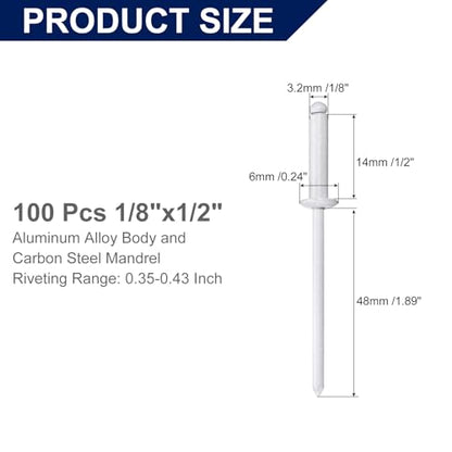 uxcell 100Pcs 1/8" x1/2" Aluminum Blind Rivets, Aluminum Grip and Steel Mandrel, Dome Head Long Split Rivets for Metal, Furniture, Automotive, White - color: White, size: 1/8"x1/2"