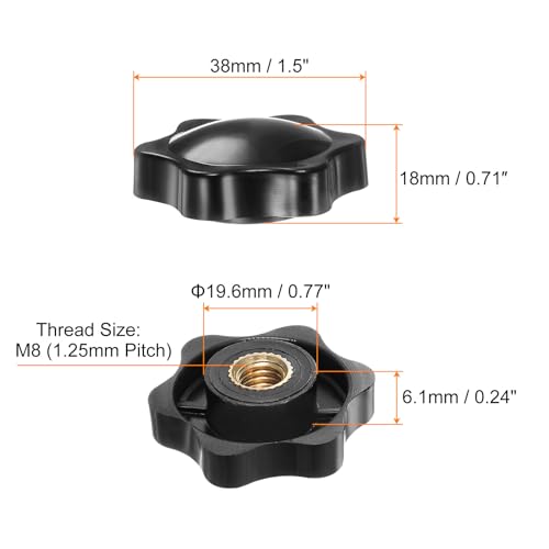 HARFINGTON 6pcs Star Knobs M8 Female Thread 38mm 6-Point Plastic Head Brass Insert Non-Through Hole Screw-in Threaded Hand Knob Clamping Handle, Black - color: Black, size: M8 x 38mm