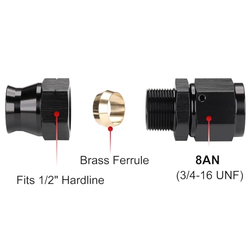 8AN Female Flare to 1/2" Hardline Compression Fitting Adapter Straight Aluminum Black 2PCS - color: Black - 2PCS, size: 8AN to 1/2"