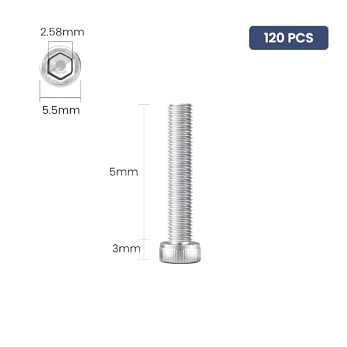 120pcs M3 x 5mm Hex Socket Head Cap Screws Bolts, 304 Stainless Steel 18-8, Allen Socket Drive,Bright Finish, Full Threads,with Hex Spanner - size: M3 x 5mm