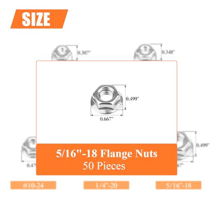 HELIFOUNER 50 Pieces 5/16”-18 Flange Nuts, Serrated Flange Hex Lock Nuts Assortment Kit, 304 Stainless Steel (18-8), Bright Finish, Coarse Thread - size: 5/16"-18