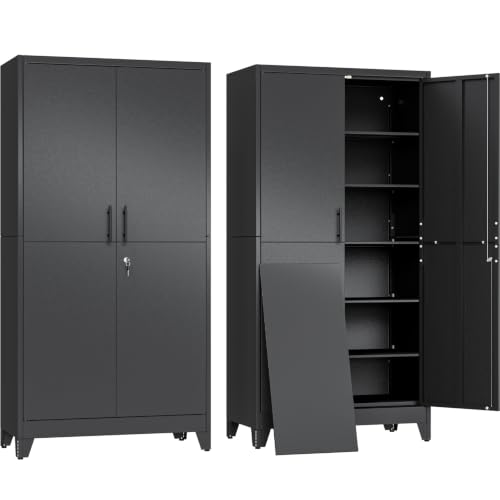 erosoei 79" H Metal Garage Storage Cabinet, Black 2‑Door Metal Pantry Cabinet, Steel Locker Cabinet with 5 Adjustable Shelves, Freestanding Cupboard for Garage, Office, Home, Gym, School - color: Black, size: Upgraded Version-78" NCasNLck