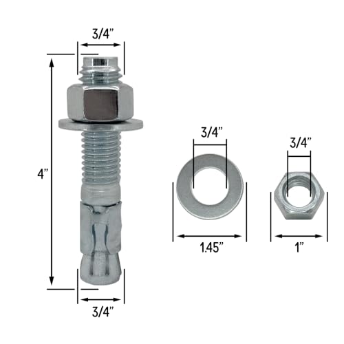 3/4" x 4" Wedge Anchor Bolt Fasteners for Concrete, Cement, Brick with Nuts & Washers - Heavy-Duty, Zinc-Plated (4 Pack)