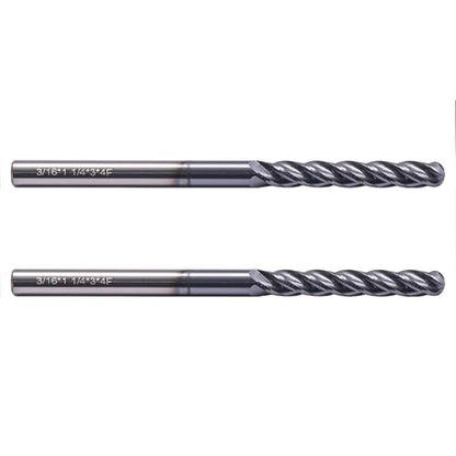 2Pcs 3/16" 4 Flute Solid Carbide Long Ball Nose End Mill Set, AlTiN Coated - size: 3/16 in