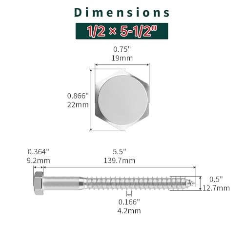 1/2 x 5-1/2" Hex Head Lag Screws Bolts with Flat Washers (6 Sets), 304 Stainless Steel 18/8, Partial Thread, Deck Screws, Heavy Duty Hex Head Wood Lag Screws, Fayeploo - size: 1/2 x 5-1/2"
