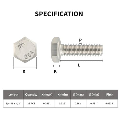 VGBUY 28Pcs 3/8-16 x 1/2" Hex Head Screws Bolts,304 Stainless Steel 18-8,Fully Threaded,External Hex Drive,Mounting Chair,Rail,Pump,Wheels,Handles,Antenna Parts,Boat and Plastic Bumpers(VG10501) - size: 1/2", style: 3/8-16"