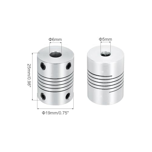 uxcell 2Pcs 5mm to 6mm Aluminum Alloy Shaft Coupling L25xD19 Flexible Coupler Beam for 3D Printer CNC Machine DIY Encoders and Motors Shaft,Silver - size: 5mm to 6mm