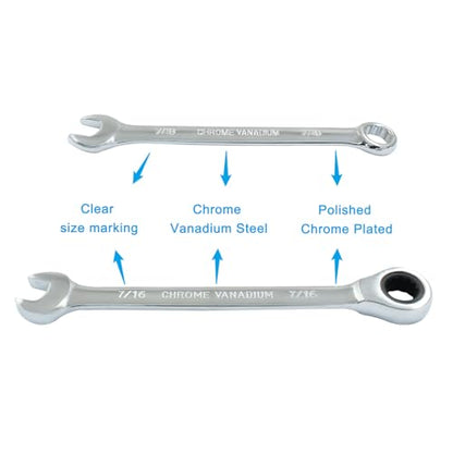 7/16 Inch Ratcheting Wrench 2 Pcs 72-Tooth 12-Point Chrome Plated - size: 0.44 Inch
