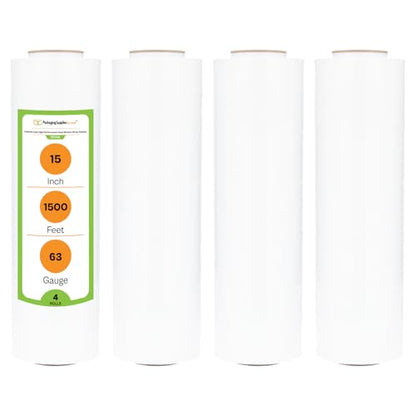 PSBM Dark White Stretch Wrap, 4 Rolls 15 Inch x 1500 Feet 63 Gauge Heavy Duty Plastic Wrap Industrial Strength Shrink Film for Moving, Packing & Shipping - color: White, size: 15 Inch