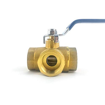 QWORK Series 3-Way (L-Port) Ball Valve, Lever Handle, NPT Female (1/2") Made of Forged Brass - size: DN15