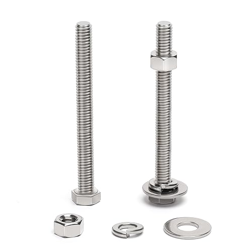 (6 Sets) 3/8-16 x 4 Hex Head Screw Bolt, Nuts, Flat Washer & Spring Lock Washers, 18-8 (304) Stainless Steel, Fully Threaded, by Skvltvfyt - size: 3/8-16x4" (6 Sets)