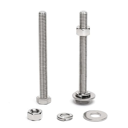 (6 Sets) 3/8-16 x 4 Hex Head Screw Bolt, Nuts, Flat Washer & Spring Lock Washers, 18-8 (304) Stainless Steel, Fully Threaded, by Skvltvfyt - size: 3/8-16x4" (6 Sets)