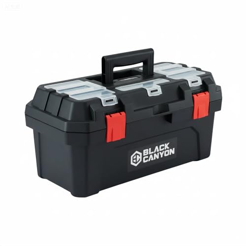 Black Canyon 17 Inch Plastic Tool Box, Support up to 44 lbs, w/Handle, Polypropylene, Dual-Layer Design, Flexible for Stacking, Top-Lid Storage, Ideal for DIY, Workshop, Job Site Organization - size: 17 IN
