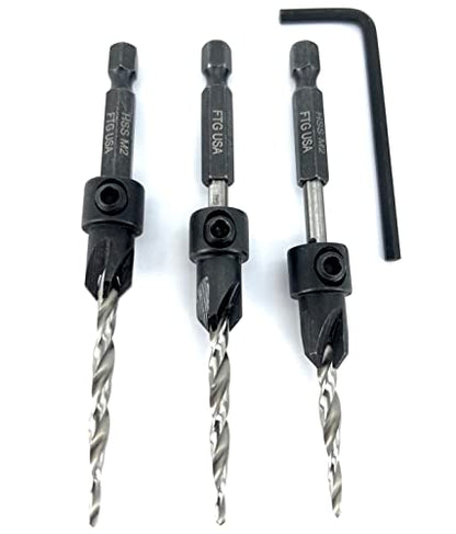 FTG USA #8 (11/64") Wood Countersink Drill Bit 3-Pc Set with Hex Key - size: #8, style: 3 Pc w/o Depth Stop