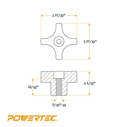 POWERTEC 5 Pack 5/16"-18 4 Point Knobs, Threaded Clamping Knobs for T Track & Table Saw Accessories, Featherboard, Woodworking Jigs on Miter Saw, Router Table, Drill Press (QNB3003) - style: 5/16", 4-Point