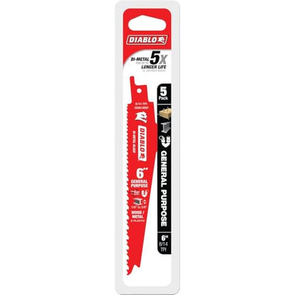 Diablo Bi-Metal Reciprocating Saw Blade - 6" Length, 8/14 TPI, 5-Pack - size: 6" General Purpose